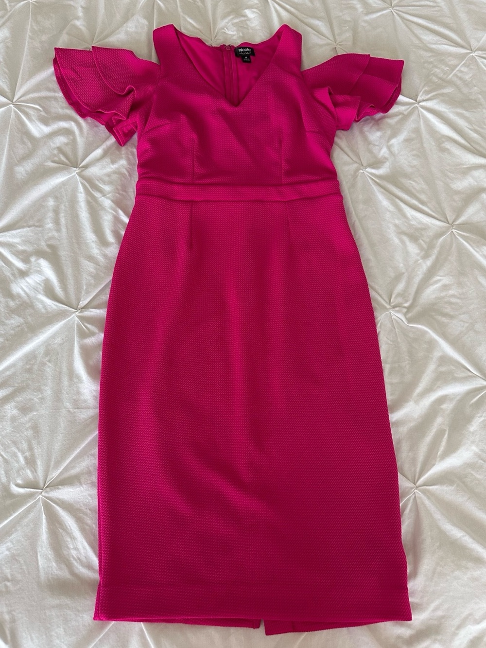 Nicole Miller Hot Pink V-Neck Midi Dress with Flutter Sleeves